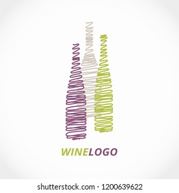 Modern isolated vector wine logo design - three bottles, red, white and green - ideal for wine shop, winery, wine house etc.