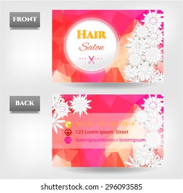 Modern, isolated, white, pink, orange, red business card - front, back with flowers, text Hair Salon, pattern - triangles, bright background