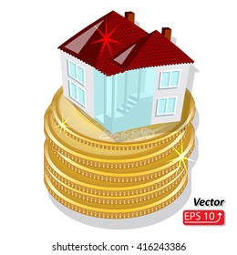 Modern isometric 3d cottage on gold coins isolated on white background for business and economic concepts design vector illustration