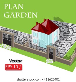 Modern isometric 3d cottage.part of architectural project  Home Building Architecture Blueprint Layout Detailed Plan of Landscape and Garden  isolated white background vector illustration EPS 10