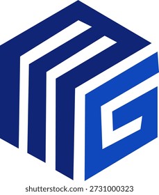 Un moderno diseño de logotipo de cubo isométrico 3D con las iniciales de monograma azul "M" y "G" integradas en una forma hexagonal.