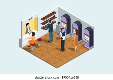 Modern Isometric 3d game club , people play games in entertainment center vector illustration Suitable for Diagrams, Infographics, Book Illustration, Game Asset, And Other Graphic Related Assets