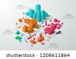 Modern isometric or 3d location map with colorful living and industrial buildings, city landmarks, streets and place for text or description. Clean infographic design template. Vector illustration