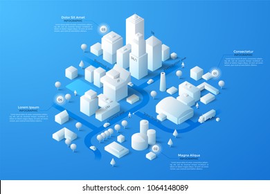 Modern isometric or 3d location map with paper white living and industrial buildings, city landmarks, streets and place for text or description. Clean infographic design template. Vector illustration.