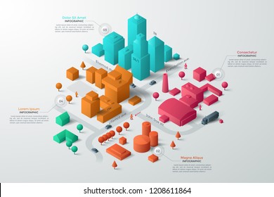 Modern isometric or 3d location map with colorful living and industrial buildings, city landmarks, streets and place for text or description. Clean infographic design template. Vector illustration