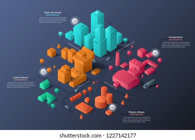 Modern isometric or 3d location map with paper colorful living and industrial buildings, city landmarks, streets and place for text or description. Clean infographic design template. Vector