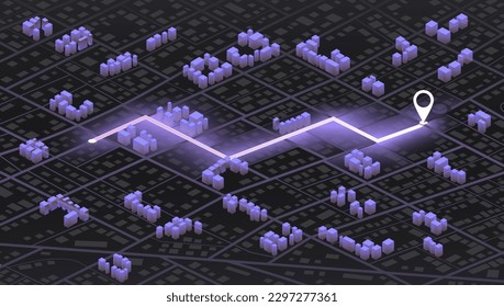 Modern isometric or 3d location map with abstract industrial buildings, city landmarks, streets. Clean design template. Vector illustration. View from above the map buildings
