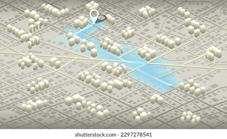 Mapa de ubicación isométrico o 3d moderno con edificios industriales abstractos, monumentos de la ciudad, calles. Limpiar plantilla de diseño. Ilustración vectorial. Vista desde arriba de los edificios del mapa