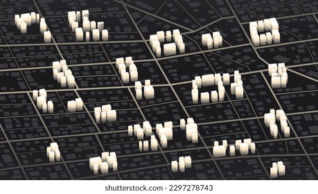 Modern isometric or 3d location map with abstract industrial buildings, city landmarks, streets. Clean design template. Vector illustration. View from above the map buildings