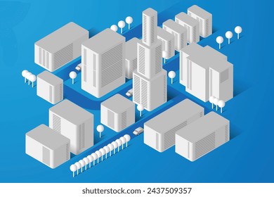 Mapa de ubicación isométrica o 3d moderno con edificios industriales y de vida en blanco de papel, puntos de referencia de la ciudad, calles y lugar para texto o descripción. Plantilla de diseño de infografía limpia. Ilustración vectorial.