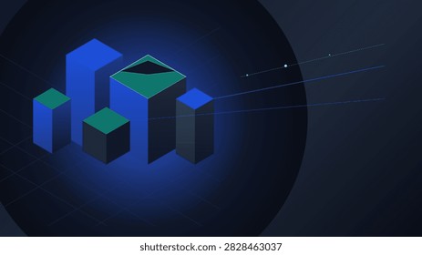 Modern isometric abstraction featuring dimensional architectural blocks and studio glow lighting. Royal Blue, Seafoam and Charcoal color theme.
