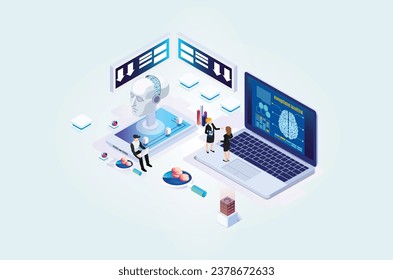 Modern Isometric artificial intelligence robot learning illustration, Web Banner, Suitable for Diagrams, Infographics, Book Illustrations, Game Assets and Other Graphic Related Assets