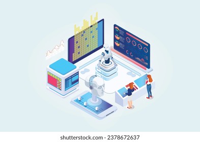 Modern Isometric artificial intelligence robot learning illustration, Web Banner, Suitable for Diagrams, Infographics, Book Illustrations, Game Assets and Other Graphic Related Assets