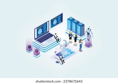 Modern Isometric artificial intelligence robot learning illustration, Web Banner, Suitable for Diagrams, Infographics, Book Illustrations, Game Assets and Other Graphic Related Assets