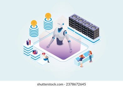 Modern Isometric artificial intelligence robot learning illustration, Web Banner, Suitable for Diagrams, Infographics, Book Illustrations, Game Assets and Other Graphic Related Assets