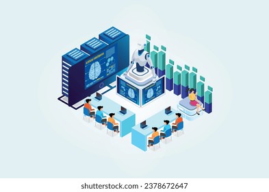 Modern Isometric artificial intelligence robot learning illustration, Web Banner, Suitable for Diagrams, Infographics, Book Illustrations, Game Assets and Other Graphic Related Assets