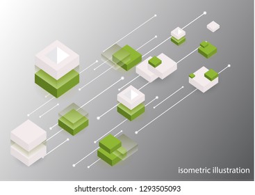 Modern isometric background. Blockchain concept banner with cubes and blocks. Can be used in web design and as wallpaper or background. Vector graphics