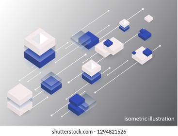Modern isometric background. Blockchain concept banner with cubes and blocks. Can be used in web design and as wallpaper or background. Vector graphics