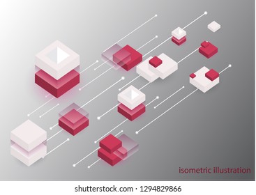 Modern isometric background. Blockchain concept banner with cubes and blocks. Can be used in web design and as wallpaper or background. Vector graphics