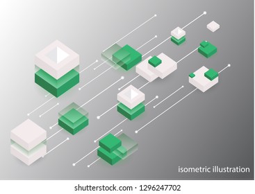 Modern isometric background. Blockchain concept banner with cubes and blocks. Can be used in web design and as wallpaper or background. Vector graphics