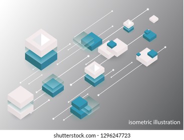 Modern isometric background. Blockchain concept banner with cubes and blocks. Can be used in web design and as wallpaper or background. Vector graphics