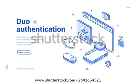Modern isometric banner focused on dual authentication, featuring a user interface with icons for verification. It emphasizes security in online access.