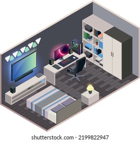 Modern isometric bedroom. Interior with bed, tv, table PC, bookshelf.