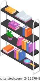 Modern isometric bookshelf with colorful books and plant in pot, study and reading concept. Clean and organized bookcase design vector illustration.