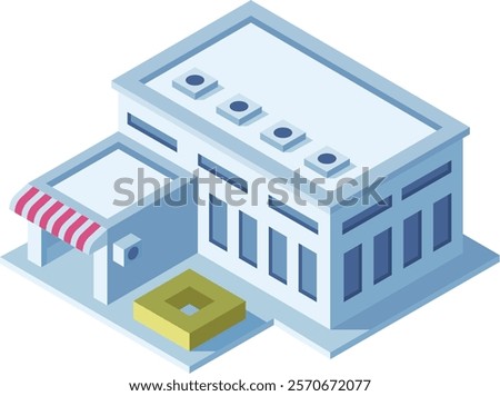 Modern isometric building featuring an awning, ventilation system on the roof, and a small planter, creating a contemporary architectural design