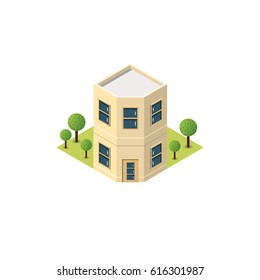 Modern isometric building with trees. 3d vector illustration of two storey house.
