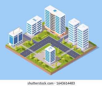 Modern isometric city buildings in the microdistrict vector illustration