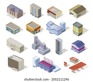 Modern isometric city buildings set vector. Urban architecture house, skyscraper, office center, shop, plant, cafe, restaurant, garage, gas station, hospital, car wash, residential apartment