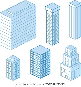 Modern isometric city buildings set. Modern flat design, isometric illustration of buildings, skyscrapers. Abstract business office and commercial towers in 3d isometric style illustration.