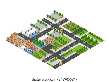 Modern isometric city with factories, parks, roads, and logistics showing urban life