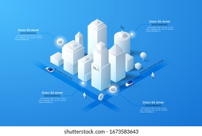 Modern isometric city map with paper white living buildings, skyscrapers, streets, transport and place for text or description. Clean infographic design template. Vector illustration for navigation.