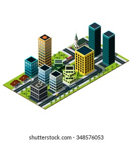 Modern isometric city map. Set of buildings. Living area  illustration.