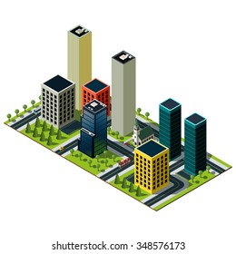 Modern isometric city map. Set of skyscrapers. Crossroads and markings illustration. 