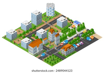 Modern isometric city with people walking on sidewalks, driving cars on roads, and delivery trucks making their rounds