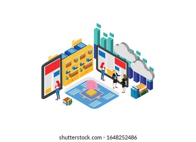 Modern Isometric Cloud Dictionary, Library Of Encyclopedia Or Web Archive. Technology And Literature, Digital Culture On Media Library.  Suitable For Diagrams, And Other Graphic Related Assets