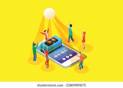 Modern Isometric Cloud Online DJ Music Player Entertainment Illustration With People, suitable for Digital Related Asset