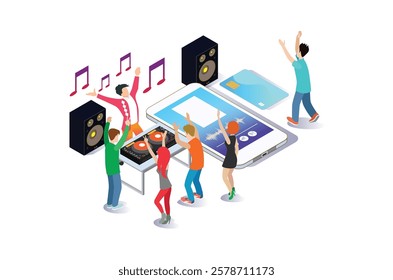 Modern Isometric Cloud Online Music Player Entertainment Illustration in White Isolated Background With People and Digital Related Asset