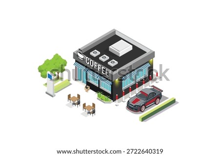 Modern isometric coffee shop building on a street corner with outdoor seating, lush green trees, and colorful cars driving on the road.