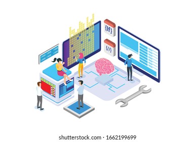 Modern Isometric Computer Programmers Illustration, Web Banners, Suitable for Diagrams, Infographics, Book Illustration, Game Asset, And Other Graphic Related Assets