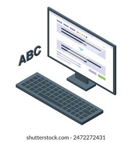 Modern isometric computer workspace vector illustration with minimalistic design and stylish technology equipment setup for productive work and professional programming experience from home