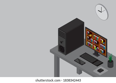 Modern isometric concept of Book Library for website and mobile website development. Isometric landing page template. e-book illustration. Vector illustration.