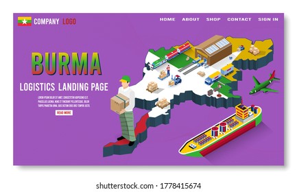 Modern isometric concept of Burma Logistics Landing page with Global Logistics, Warehouse, Sea Freight. 
Easy to edit and customize. Vector illustration