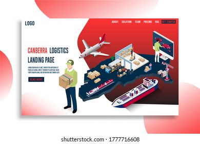 Modernes isometrisches Konzept von Canberra Logistics Landing Page mit Global Logistics, Warehouse, Sea Freight. 
Einfache Bearbeitung und Anpassung. Vektorgrafik