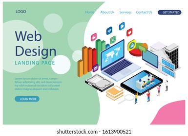 Modern isometric concept of Cloud Technology for banner and website. Landing page template. Data center, software solutions to share informations on digital network. Vector illustration.