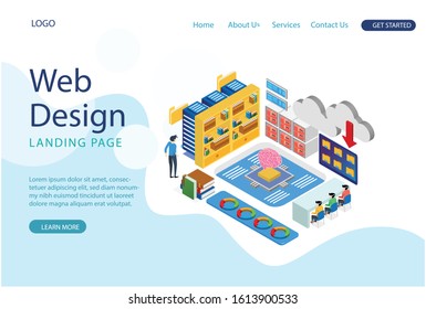 Modern isometric concept of Cloud Technology for banner and website. Landing page template. Data center, software solutions to share informations on digital network. Vector illustration.