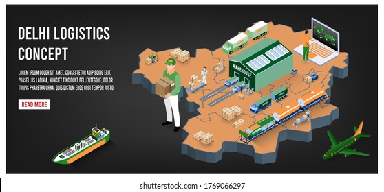 Modern isometric concept of Delhi Global Logistics, Warehouse Logistics, Sea Freight Logistics. 
Easy to edit and customize. Vector illustration